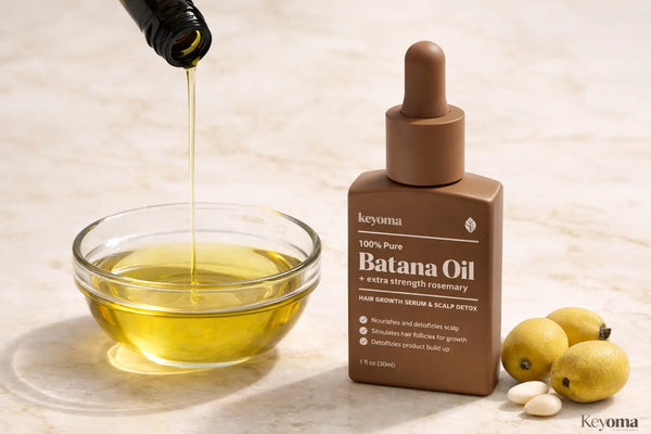 Closeup of Keyoma Batana Oil pouring into glass bowl on marble countertop.