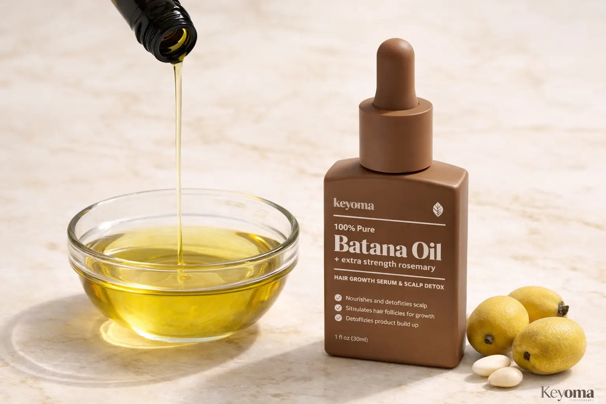 Closeup of Keyoma Batana Oil pouring into glass bowl on marble countertop.