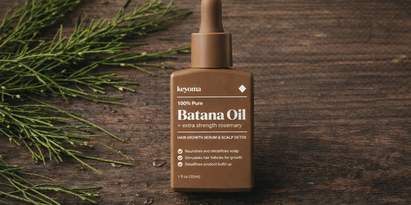 Rustic flatlay features Keyoma batana oil serum with rosemary sprigs highlighting natural hair growth care.