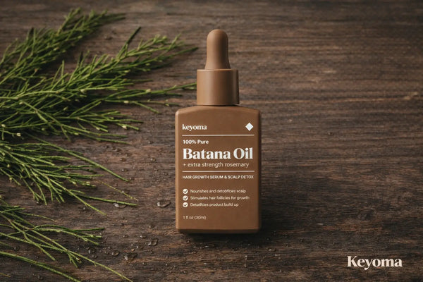 Rustic flatlay features Keyoma batana oil serum with rosemary sprigs highlighting natural hair growth care.