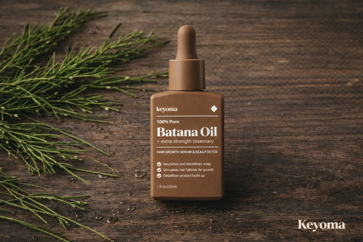 Rustic flatlay features Keyoma batana oil serum with rosemary sprigs highlighting natural hair growth care.