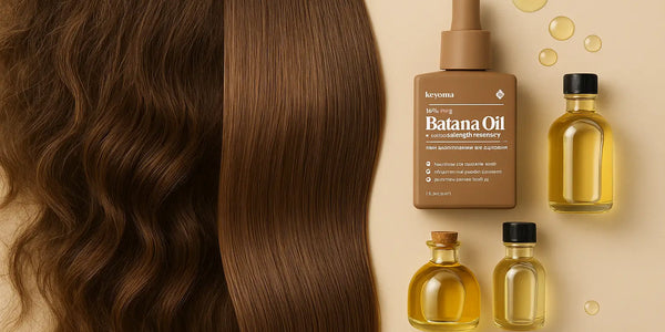 Keyoma Batana Oil is shown with other natural oils beside wavy and straight hair, highlighting its ability to nourish and smoothen hair naturally.