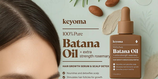 Keyoma Batana Oil with extra strength rosemary shown beside natural ingredients, highlighting its use for hair growth and scalp detox.