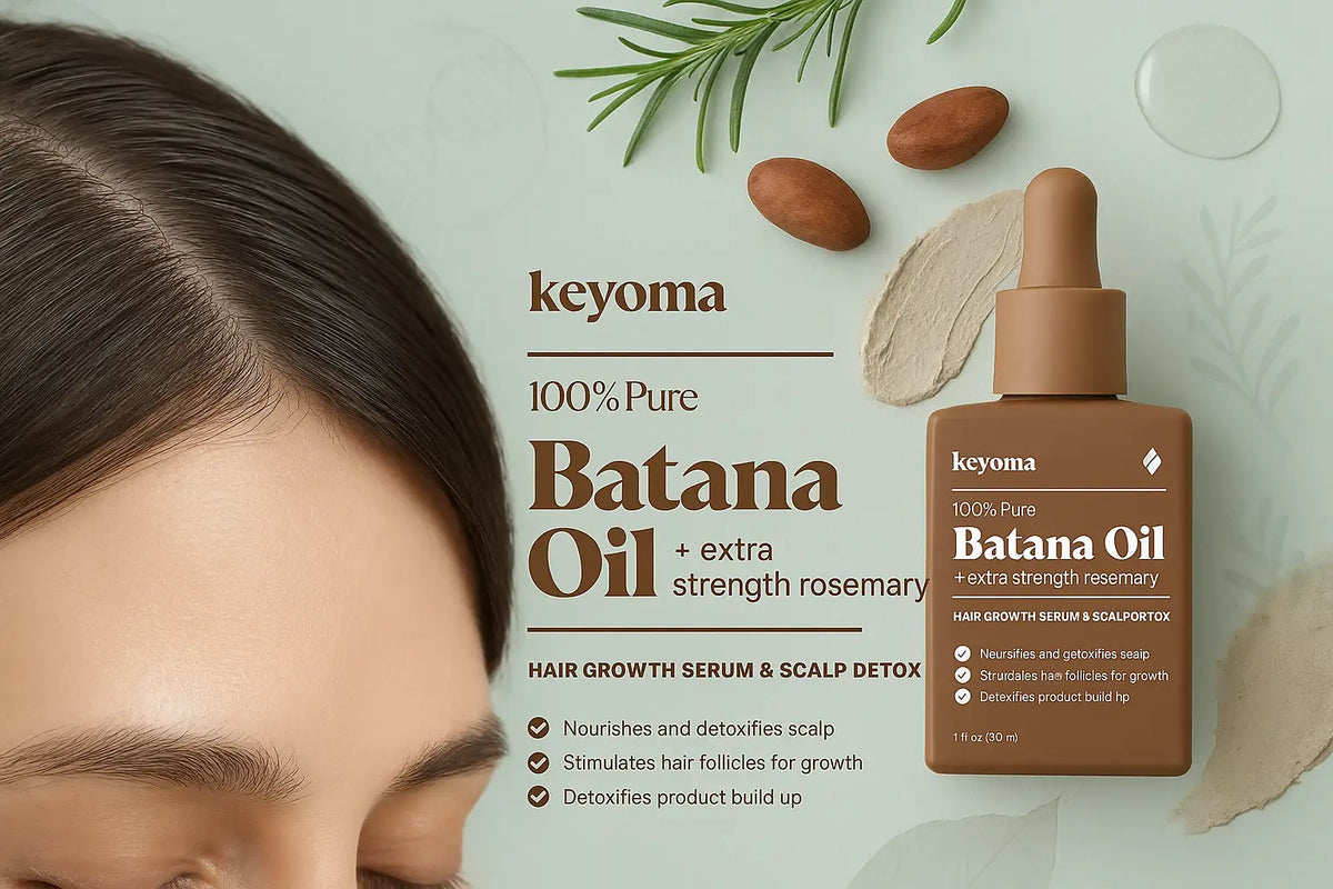 Keyoma Batana Oil with extra strength rosemary shown beside natural ingredients, highlighting its use for hair growth and scalp detox.
