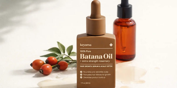Keyoma Batana Oil bottle with rosemary and fruit props styled as a clean hair growth serum flatlay.