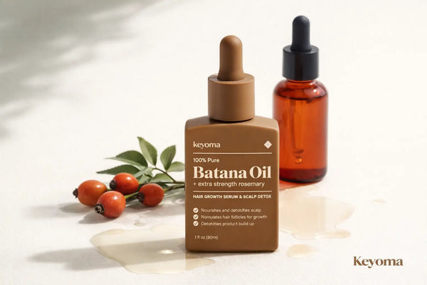 Keyoma Batana Oil bottle with rosemary and fruit props styled as a clean hair growth serum flatlay.