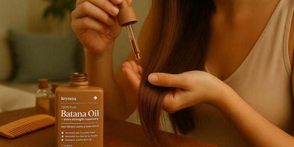 A Keyoma bottle of 100 percent pure batana oil with extra strength rosemary is shown as a woman applies the oil to the ends of her hair using a dropper.
