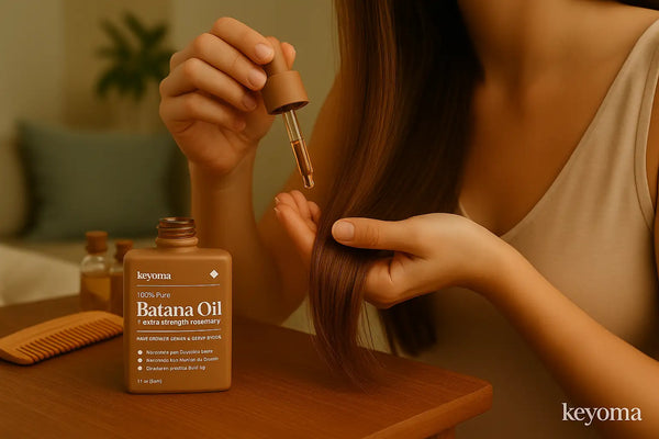 A Keyoma bottle of 100 percent pure batana oil with extra strength rosemary is shown as a woman applies the oil to the ends of her hair using a dropper.