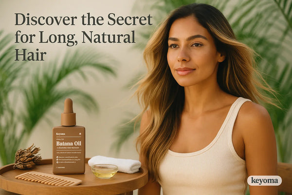 A woman with long wavy hair sits beside a wooden tray holding a Keyoma batana oil dropper, a small dish of oil, a comb, and a towel, with the headline “Discover the Secret for Long, Natural Hair” over tropical greenery.