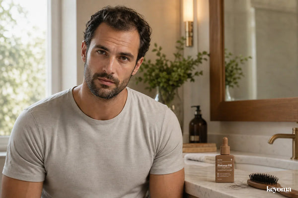 Keyoma batana oil bottle sits beside man, hair brush, and loose strands at bathroom vanity.