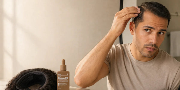 Man checks his hairline in a mirror beside a removable wig and Keyoma Batana Oil.