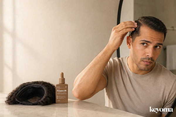 Man checks his hairline in a mirror beside a removable wig and Keyoma Batana Oil.