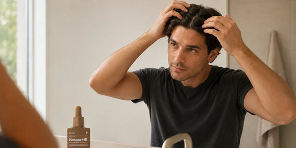 Man checking his scalp in a bathroom mirror beside a bottle of Keyoma Batana Oil