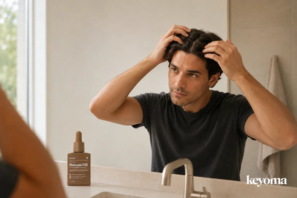Man checking his scalp in a bathroom mirror beside a bottle of Keyoma Batana Oil