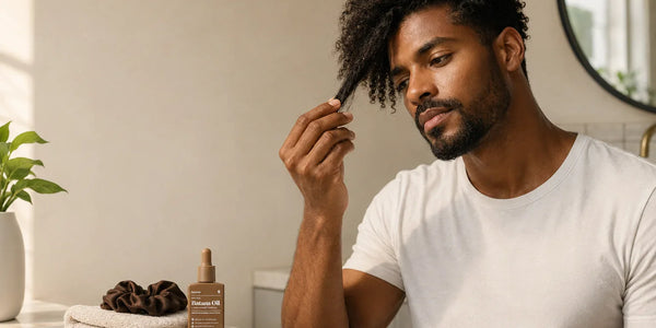 Man inspects curly hair beside Keyoma Batana Oil, folded towel, and scrunchie on a bathroom vanity.