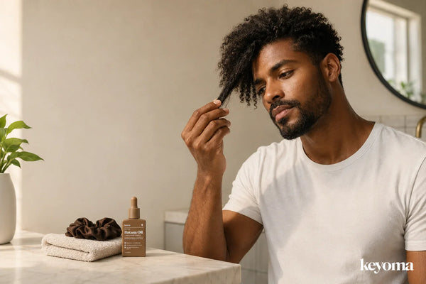 Man inspects curly hair beside Keyoma Batana Oil, folded towel, and scrunchie on a bathroom vanity.
