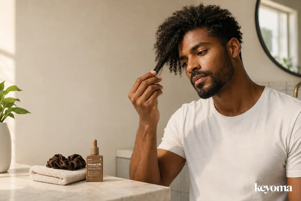 Man inspects curly hair beside Keyoma Batana Oil, folded towel, and scrunchie on a bathroom vanity.