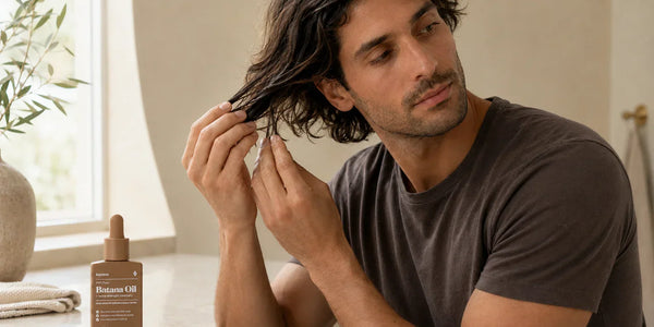 Keyoma Batana Oil beside a man inspecting his hair ends on a sunlit bathroom vanity.