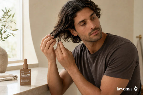 Keyoma Batana Oil beside a man inspecting his hair ends on a sunlit bathroom vanity.