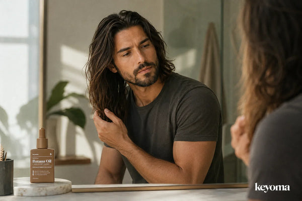 Keyoma batana oil bottle sits beside man checking long hair in bathroom mirror.