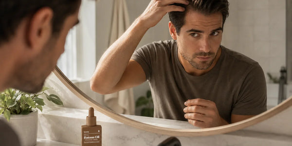 Keyoma batana oil bottle sits by man checking scalp in bathroom mirror.