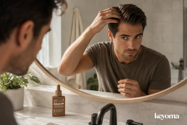 Keyoma batana oil bottle sits by man checking scalp in bathroom mirror.