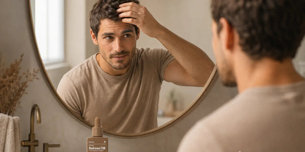 Keyoma Batana Oil bottle near man checking scalp in bathroom mirror