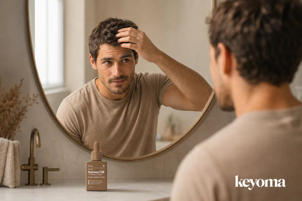 Keyoma Batana Oil bottle near man checking scalp in bathroom mirror