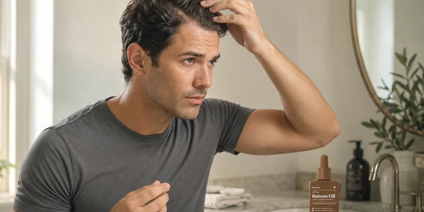 Keyoma Batana Oil bottle beside man checking scalp near bathroom mirror and sink.