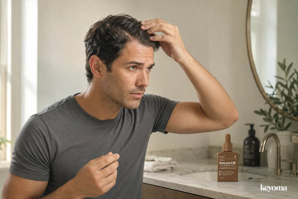 Keyoma Batana Oil bottle beside man checking scalp near bathroom mirror and sink.