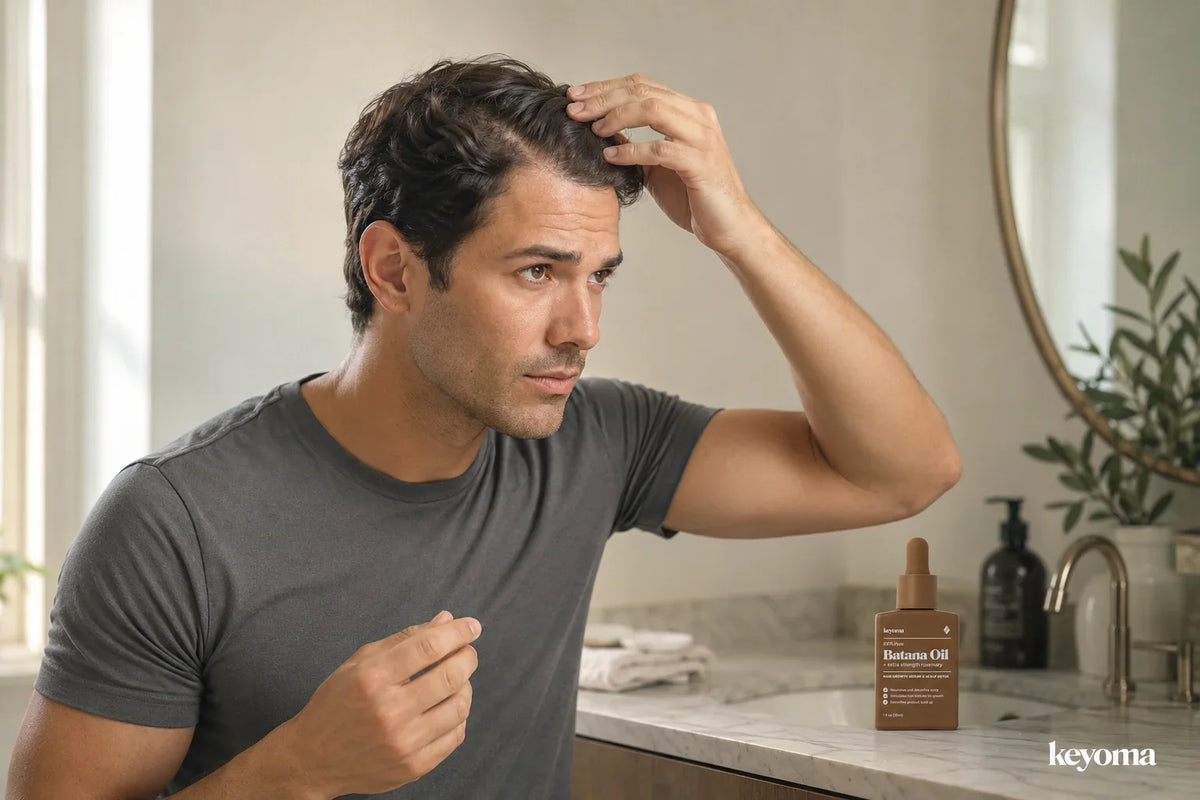 Keyoma Batana Oil bottle beside man checking scalp near bathroom mirror and sink.