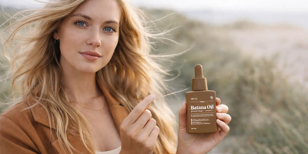 Woman on beach holds Keyoma batana oil dropper bottle, pointing to it for hair care.