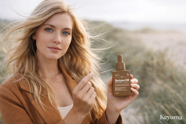 Woman on beach holds Keyoma batana oil dropper bottle, pointing to it for hair care.