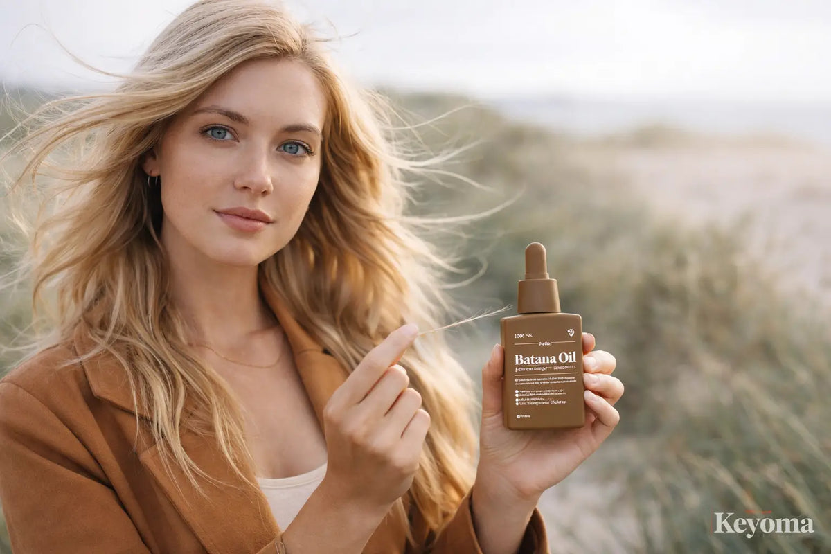Woman on beach holds Keyoma batana oil dropper bottle, pointing to it for hair care.