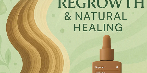 Keyoma promotional image featuring 100% pure batana oil with rosemary for natural hair regrowth, scalp detox, and healthy strand support.