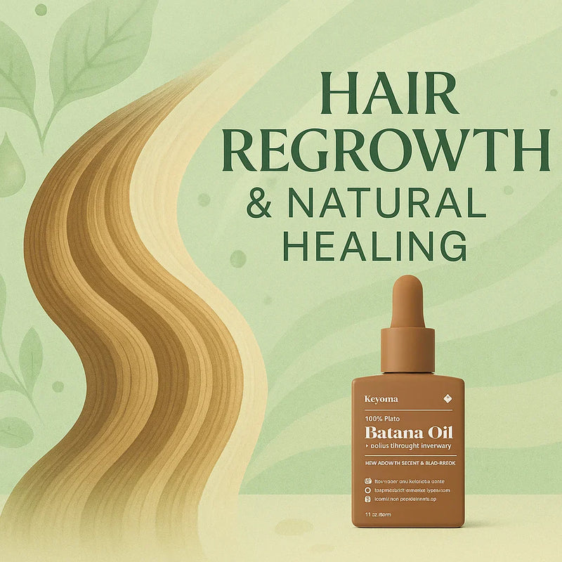 Keyoma promotional image featuring 100% pure batana oil with rosemary for natural hair regrowth, scalp detox, and healthy strand support.