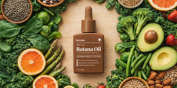 Flatlay shows Keyoma Batana Oil surrounded by folate-rich foods supporting hair growth and scalp health.