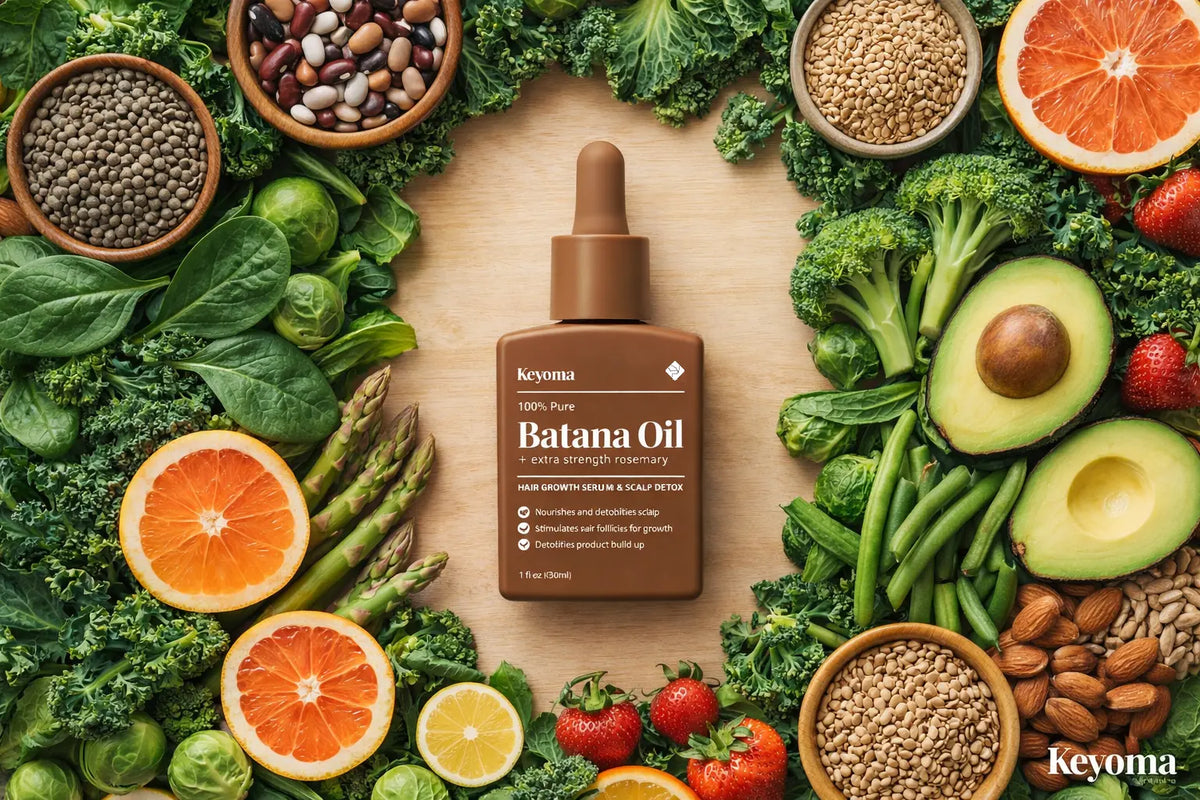 Flatlay shows Keyoma Batana Oil surrounded by folate-rich foods supporting hair growth and scalp health.