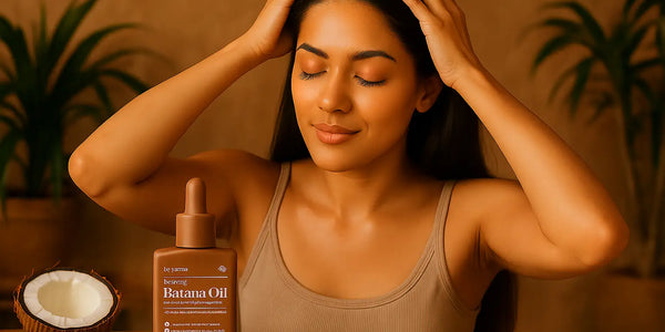 A woman massages her scalp while using Keyoma Batana Oil, showing a relaxing natural hair care ritual for deep hydration and nourishment.