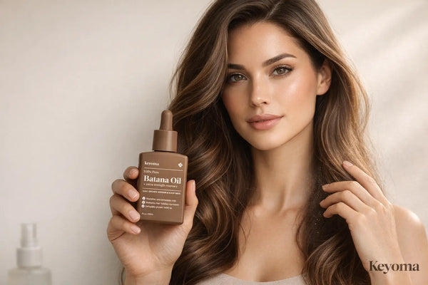 Close-up portrait of a woman holding Keyoma Batana Oil serum to support shine and moisture.