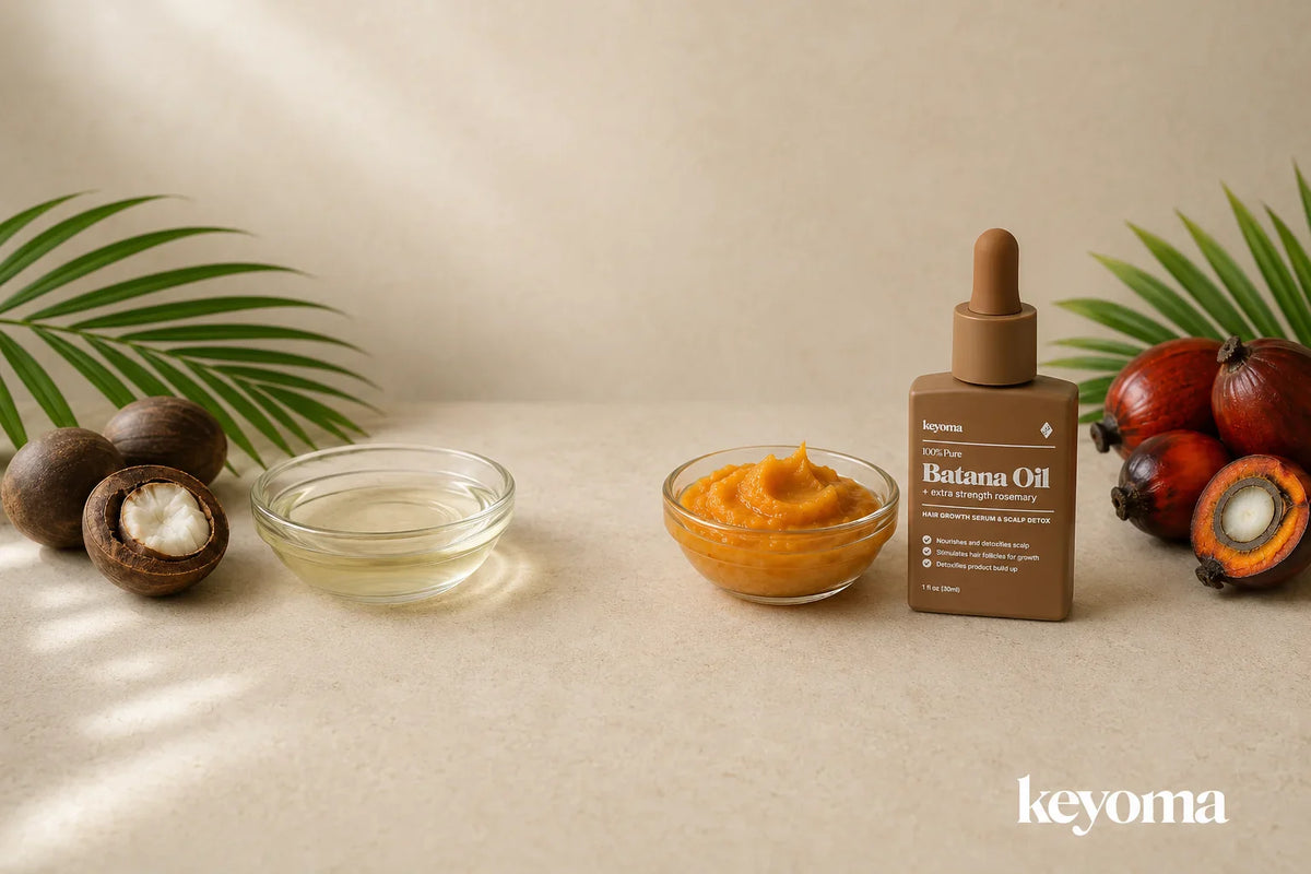 Keyoma Batana Oil bottle beside batana fruits, babassu nuts, and bowls displaying both oil textures