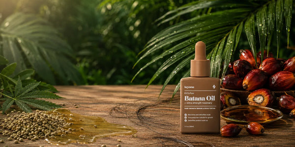 Keyoma Batana Oil with batana fruits, hemp seeds, and oil in a tropical setting