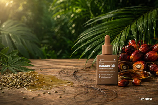 Keyoma Batana Oil with batana fruits, hemp seeds, and oil in a tropical setting