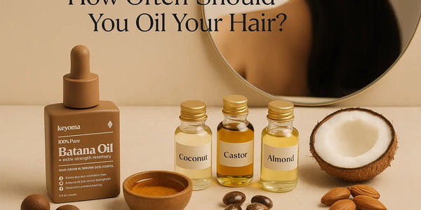 A Keyoma Batana Oil bottle displayed with coconut, castor, and almond oils on a vanity, highlighting natural ingredients for healthy hair care.