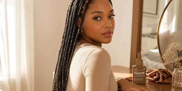 Keyoma batana oil bottle appears beside woman with long braids at vanity mirror.