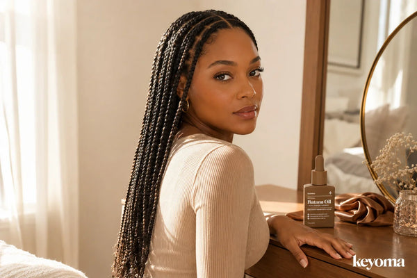 Keyoma batana oil bottle appears beside woman with long braids at vanity mirror.