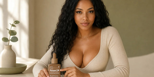 Keyoma batana oil bottle is held by woman pointing at the label in bathroom.