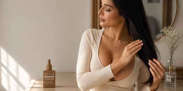 Woman smooths long hair at a vanity beside visible Keyoma Batana Oil and a round mirror.