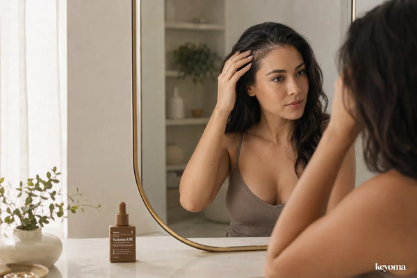 Keyoma Batana Oil bottle beside woman checking temple scalp in round bathroom mirror.