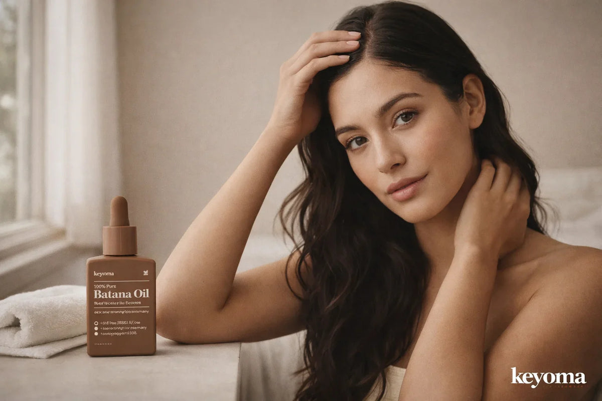 Woman touching hair beside batana oil bottle in soft bathroom window light setting.